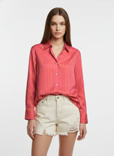 Orange & Pink Poly Crepe Vertical Stripes Printed Shirt