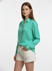 Sky Blue & Green Poly Crepe Vertical Stripes Printed Shirt
