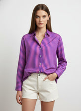 Pink & Purple Poly Crepe Vertical Stripes Printed Shirt