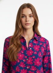 Pink & Blue Poly Crepe Floral Printed Shirt