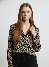 Cream & Black Poly Crepe Animal Printed Shirt