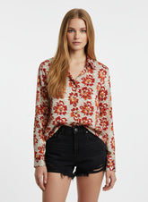 White & Red Poly Crepe Floral Printed Shirt