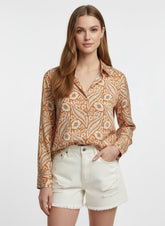 Cream & Orange Poly Crepe Floral Printed Shirt