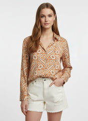 Cream & Orange Poly Crepe Floral Printed Shirt