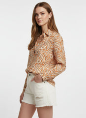 Cream & Orange Poly Crepe Floral Printed Shirt