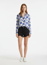 White & Blue Poly Crepe Floral Printed Shirt