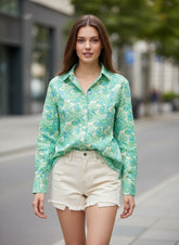 Green Floral Printed Poly Crepe Women's Shirt