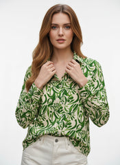 Green Leaf Printed Poly Crepe Women's Shirt