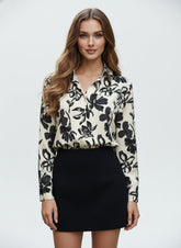 Cream Black Floral Printed Poly Poly Crepe Women's Shirt