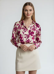 Cream Magenta Floral Printed Poly Poly Crepe Women's Shirt