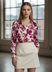 Cream Magenta Floral Printed Poly Poly Crepe Women's Shirt