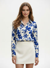 Cream Blue Floral Printed Poly Poly Crepe Women's Shirt