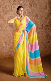 Yellow moss chiffon Leheriya Saree-SUHNACHFN1002