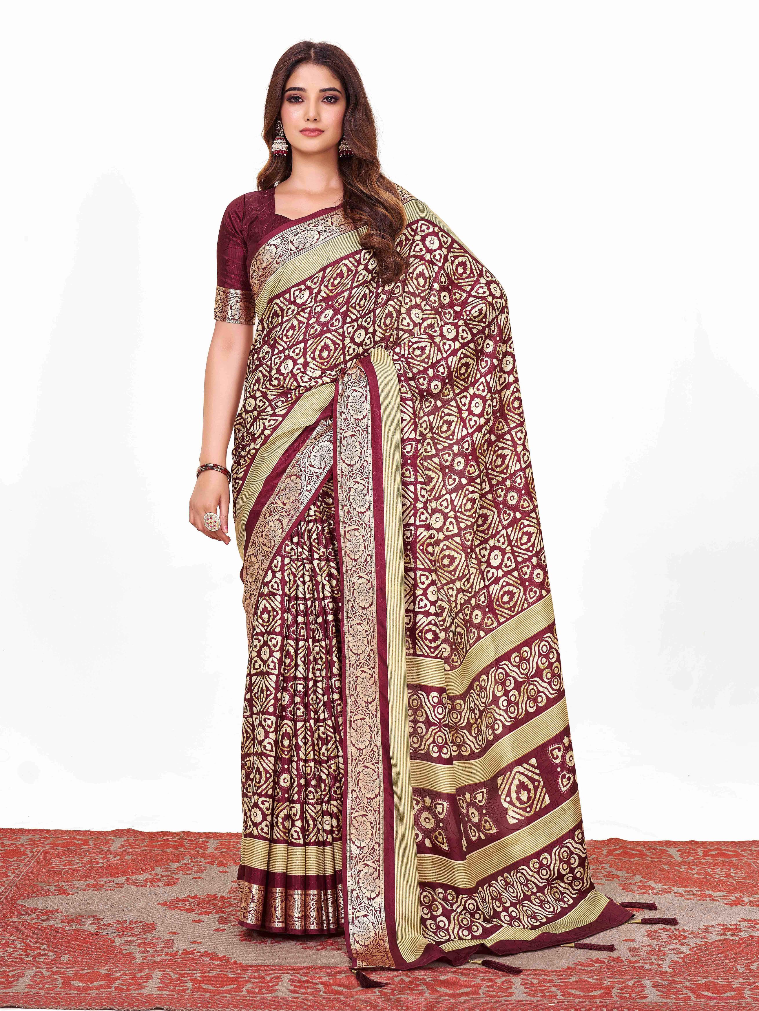 Maroon  Printed Saree-SVTRI3002
