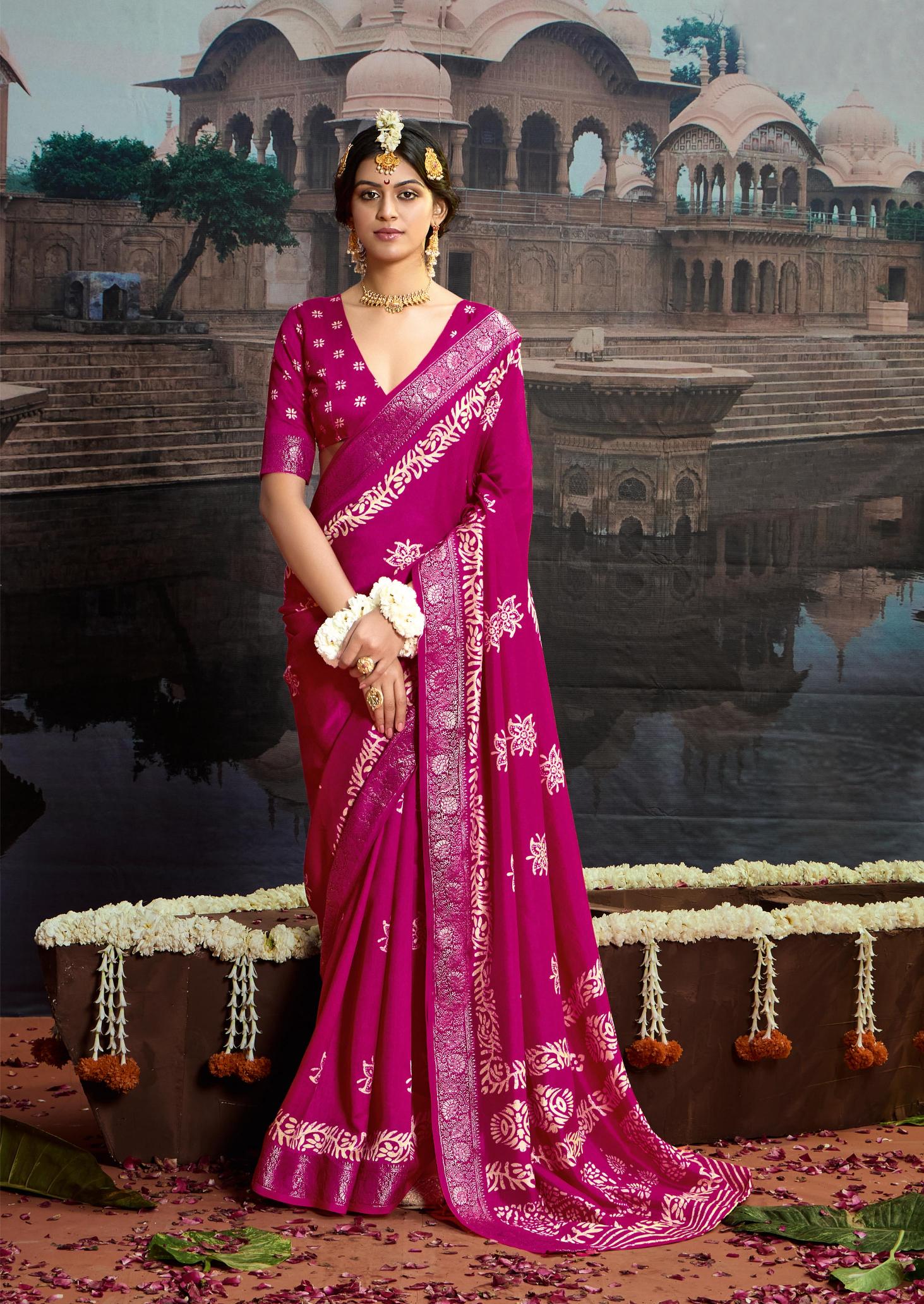 Rani Pink Velvet Silk Batik Print Saree-SYNE1001