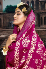 Rani Pink Velvet Silk Batik Print Saree