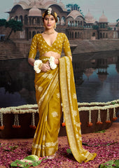 Mustard Velvet Silk Batik Print Saree-SYNE1002