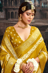Mustard Velvet Silk Batik Print Saree