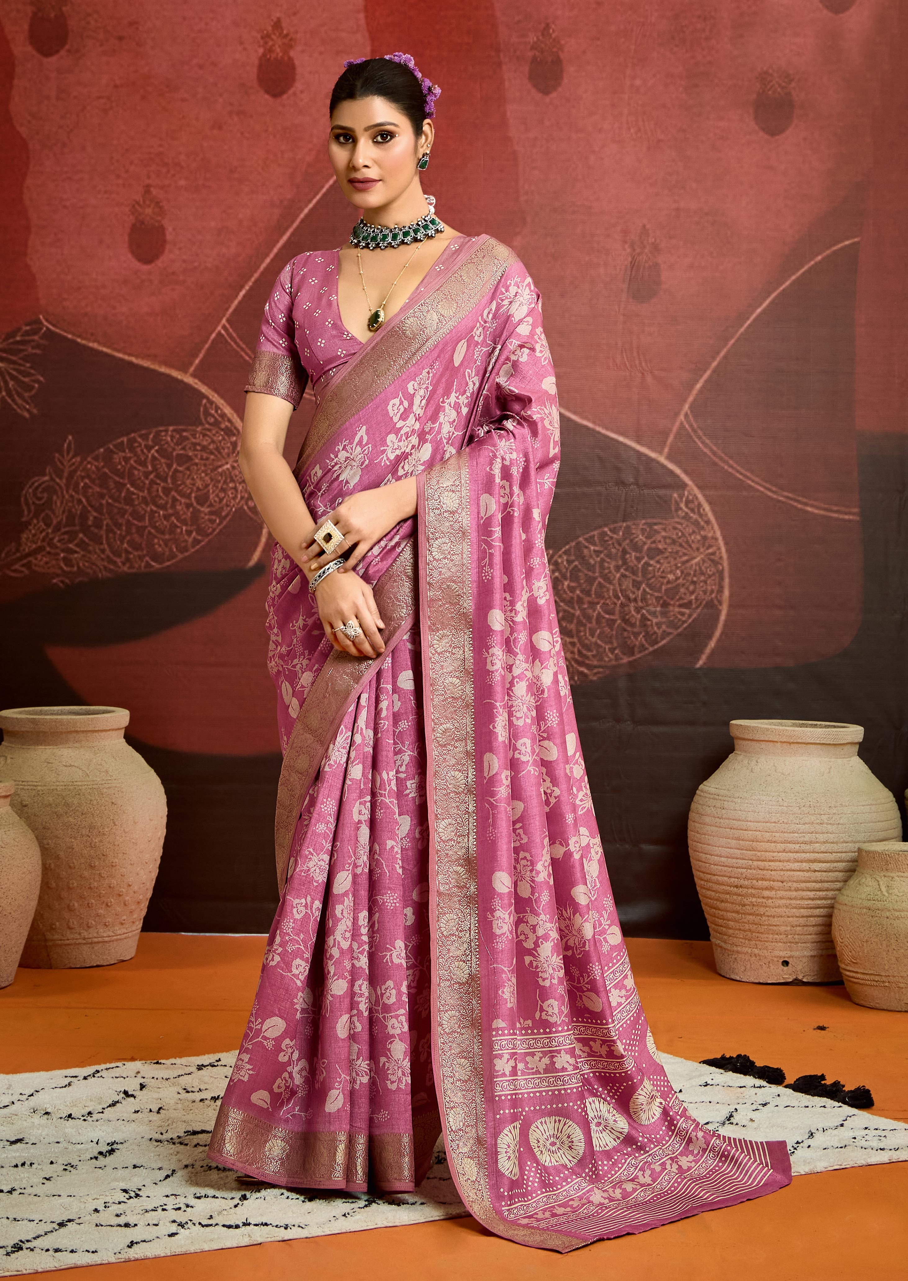 Light pink Velvet Silk Floral Print Saree-SYNE2001