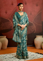 Sea Green Velvet Silk Floral Print Saree-SYNE2002