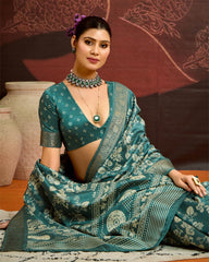 Sea Green Velvet Silk Floral Print Saree