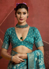 Sea Green Velvet Silk Floral Print Saree