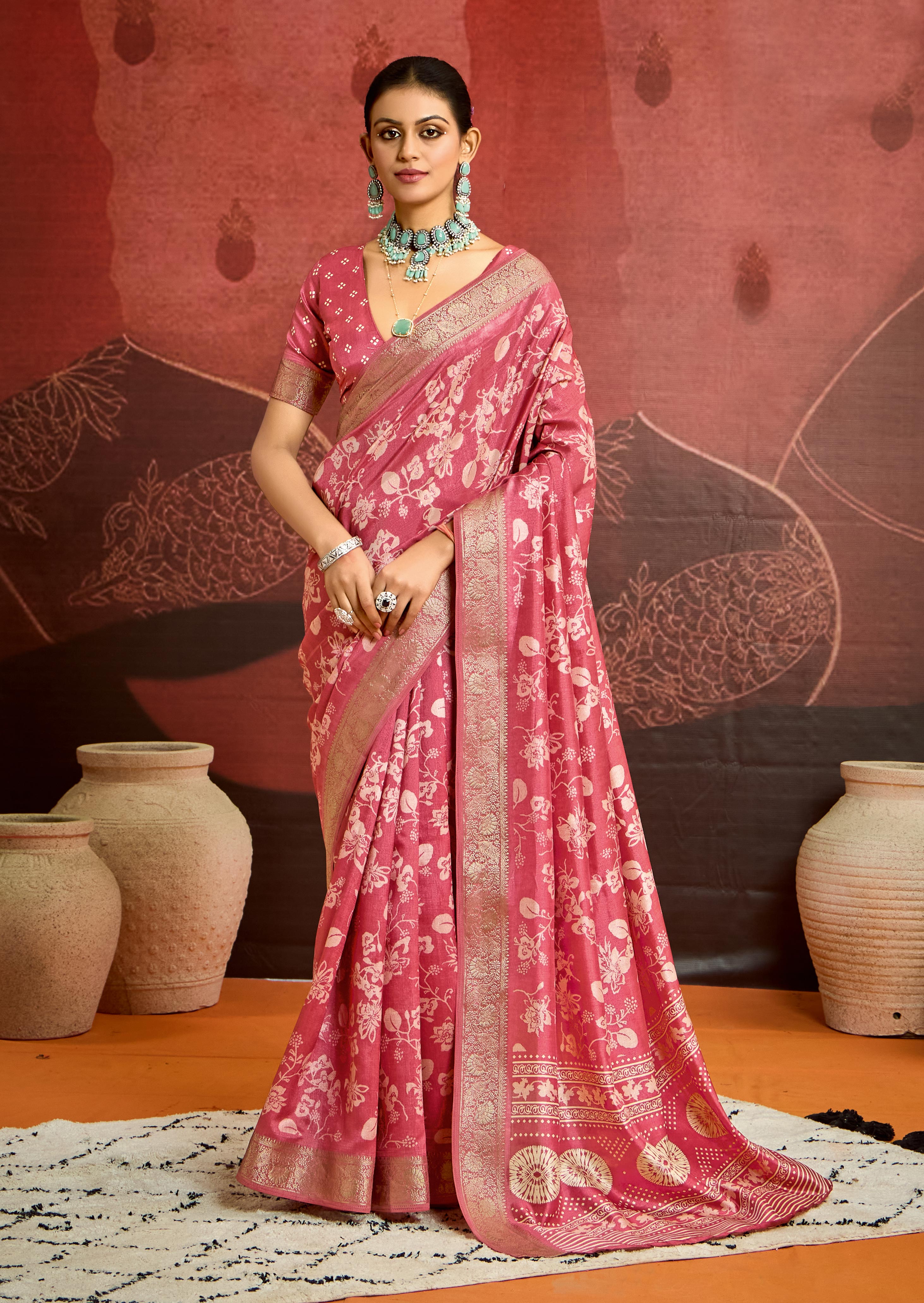 Peach pink Velvet Silk Floral Print Saree-SYNE2003