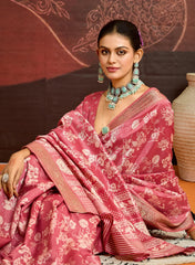 Peach pink Velvet Silk Floral Print Saree