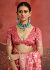 Peach pink Velvet Silk Floral Print Saree