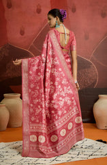 Peach pink Velvet Silk Floral Print Saree