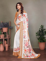 White Dull Moss Floral Printed Saree