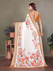 White Dull Moss Floral Printed Saree
