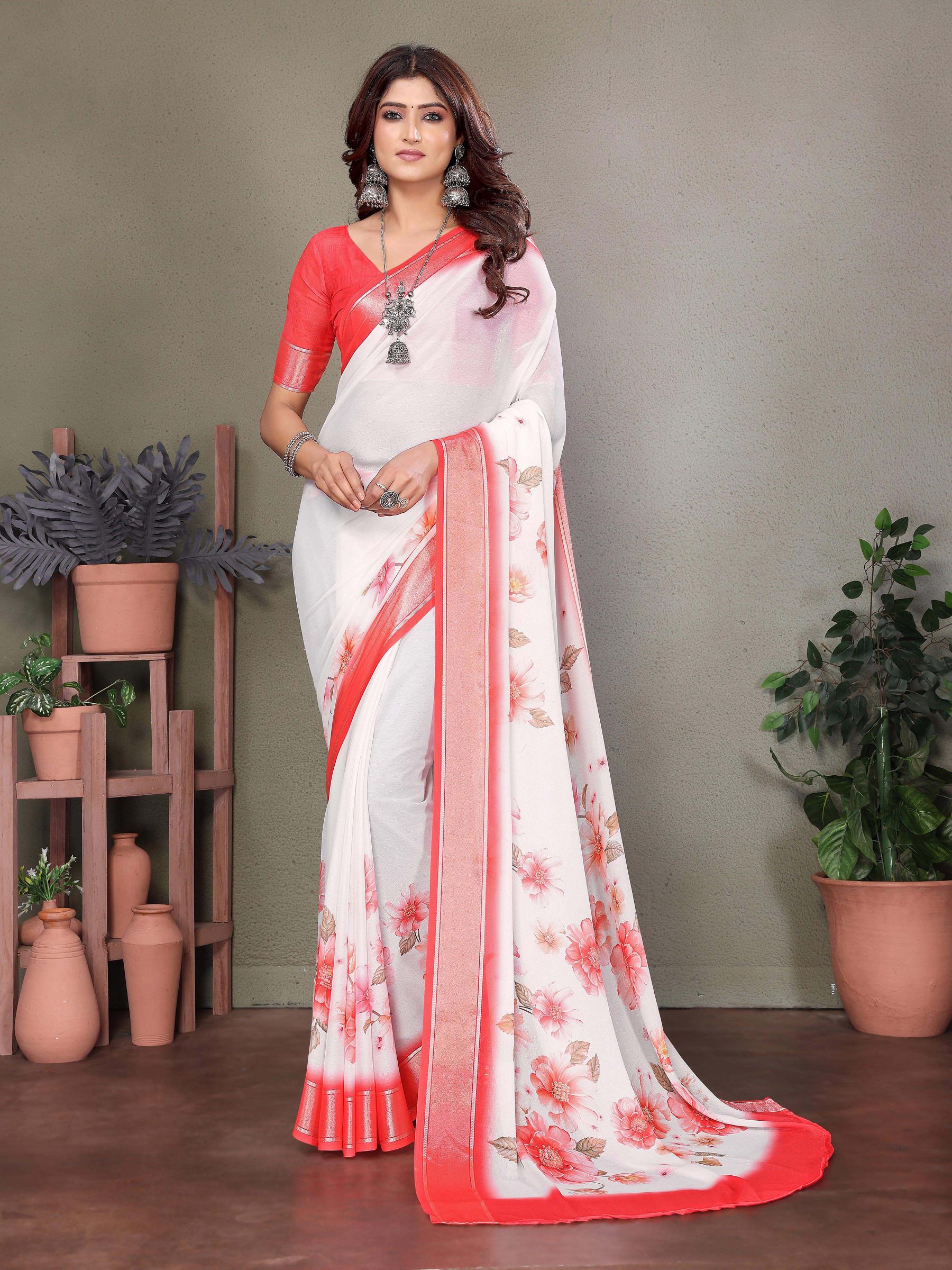 White Dull Moss Floral Printed Saree-WHTBTY1002