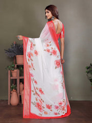 White Dull Moss Floral Printed Saree