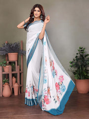 White Dull Moss Floral Printed Saree
