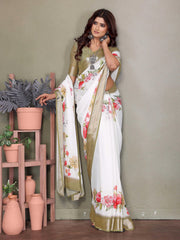 White Dull Moss Floral Printed Saree