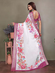 White Dull Moss Floral Printed Saree