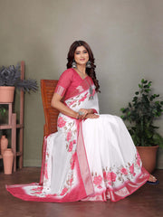 White Dull Moss Floral Printed Saree