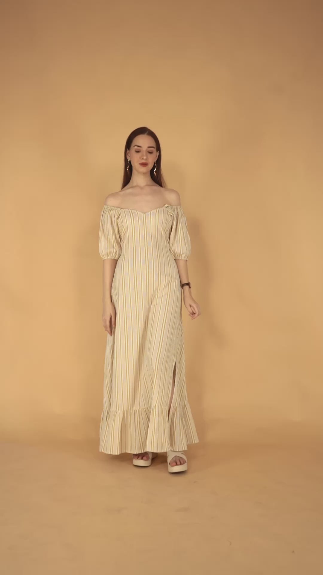 Beige V-Neck Poly Rayon Printed Dress With Puff Sleeves