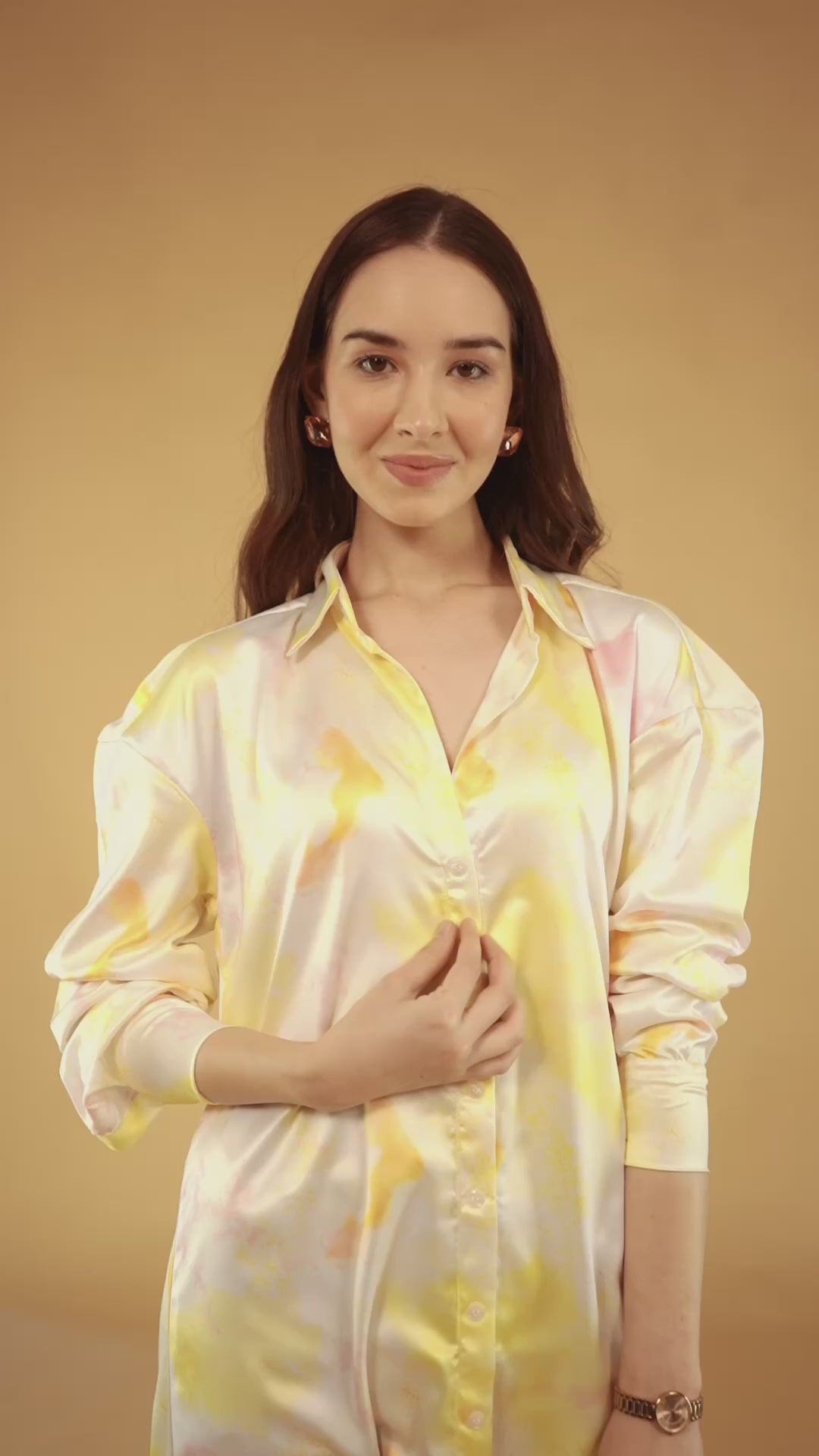 White Collared Poly Satin Printed Dress With Cuff Sleeve