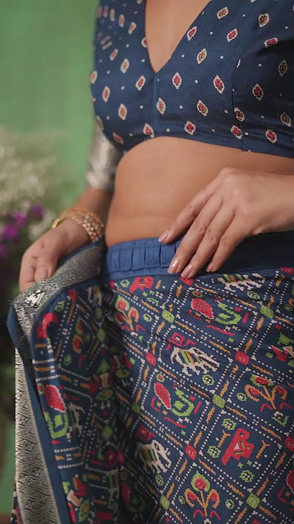 Regal Blue Cotton Silk Patola Print Ready to Wear Saree