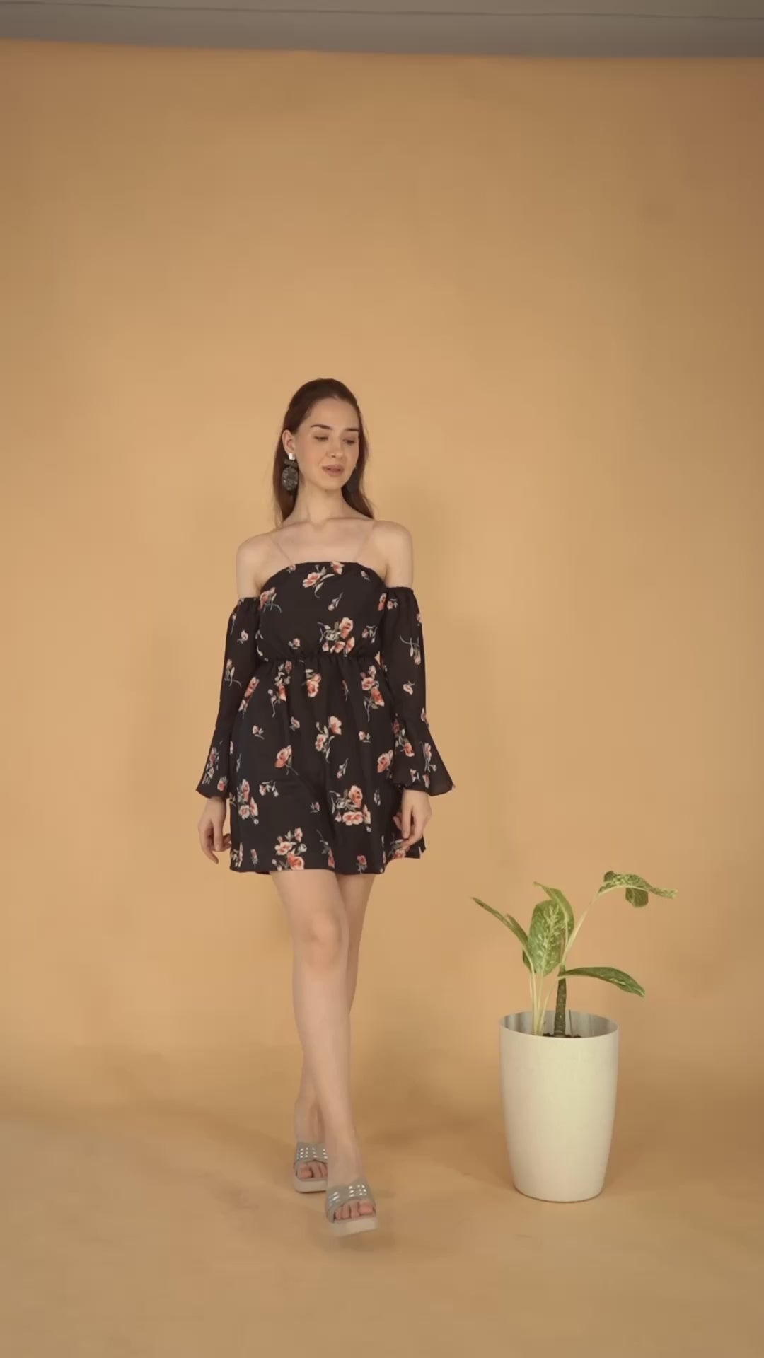 Black Tube Poly Rayon Printed Dress With Bell Sleeve