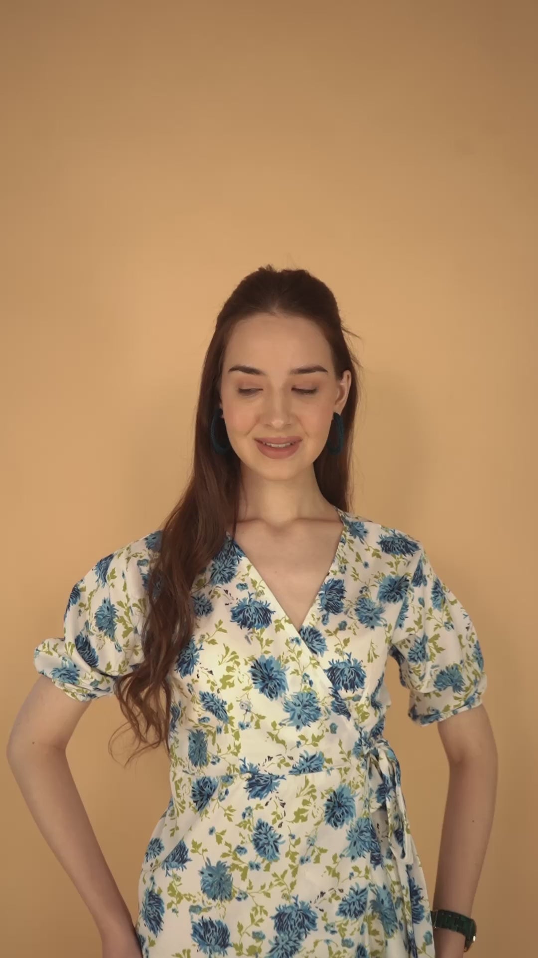 White V-Neck Poly Rayon Printed Dress With Puff Sleeves