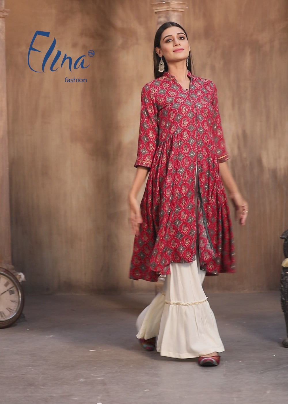 Red Printed Rayon Kurti With Palazzo