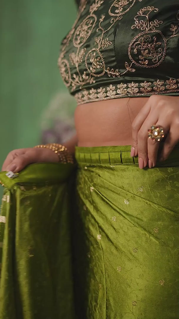 Olive Green Satin Jacquard Embroidery Ready to Wear Saree