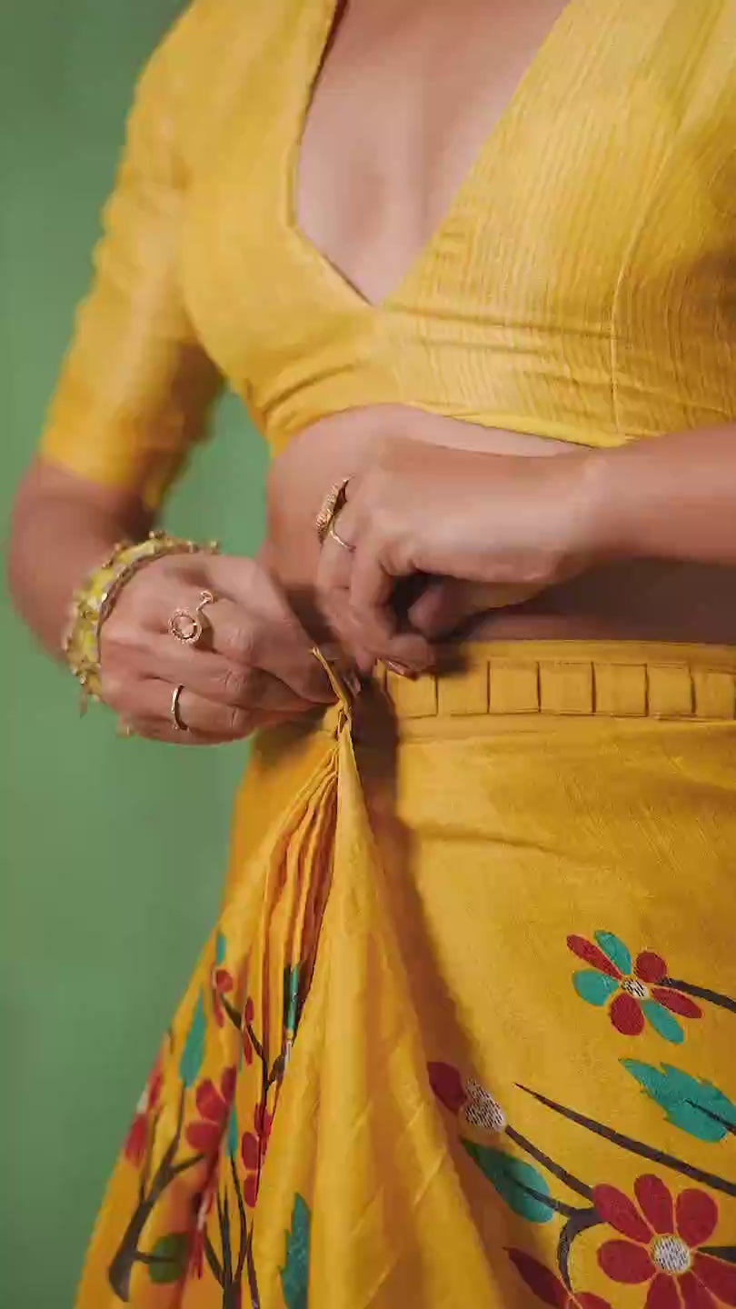 Mustard Mysore Art Silk Printed Ready to Wear Saree