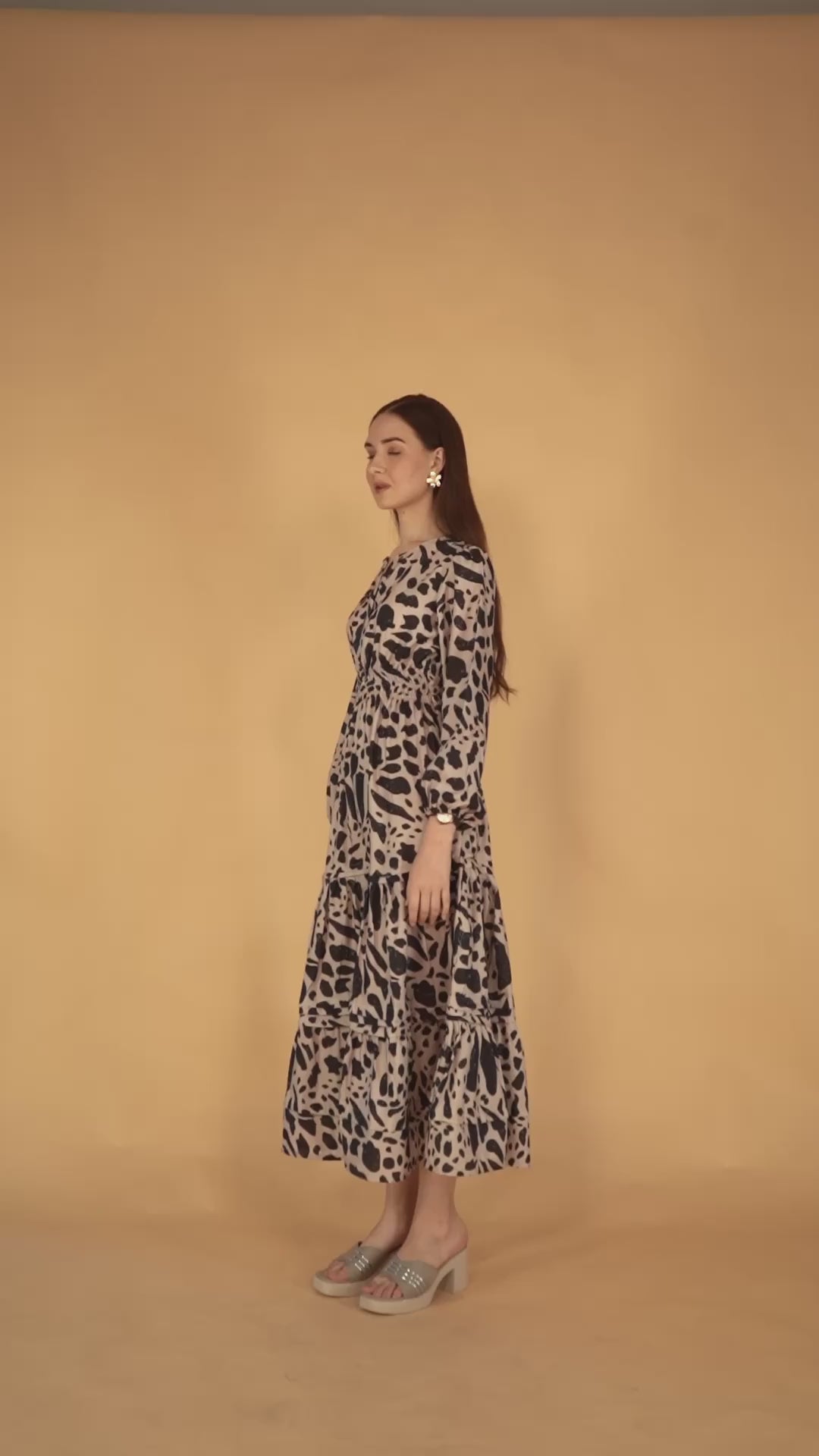 Beige Black Round Poly Rayon Printed Dress With Puff Sleeves