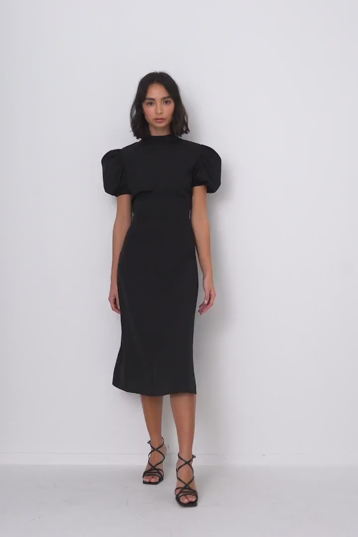 Black High Neck Open Back Midi Dress