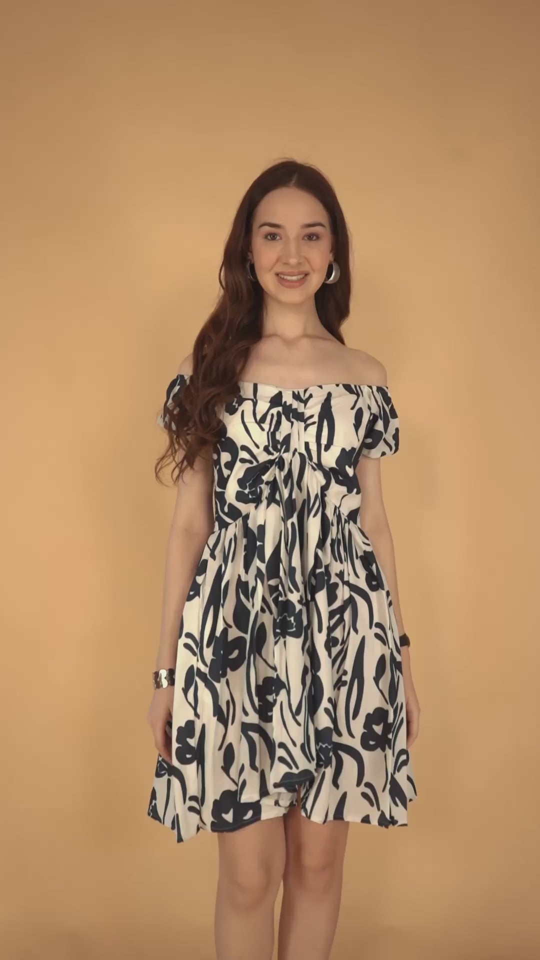 Dark Blue V-Neck Poly Rayon Printed Dress With Off-shoulder