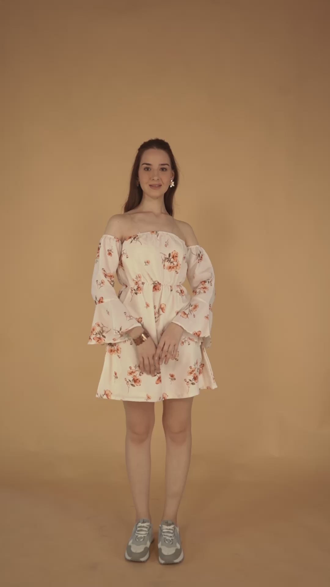 Off White Tube Poly Rayon Printed Dress With Bell Sleeve